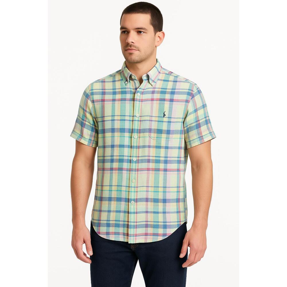 Ralph Lauren Shirt Mens Large Blue Plaid‎ Buttonup Short Sleeve Linen Summer